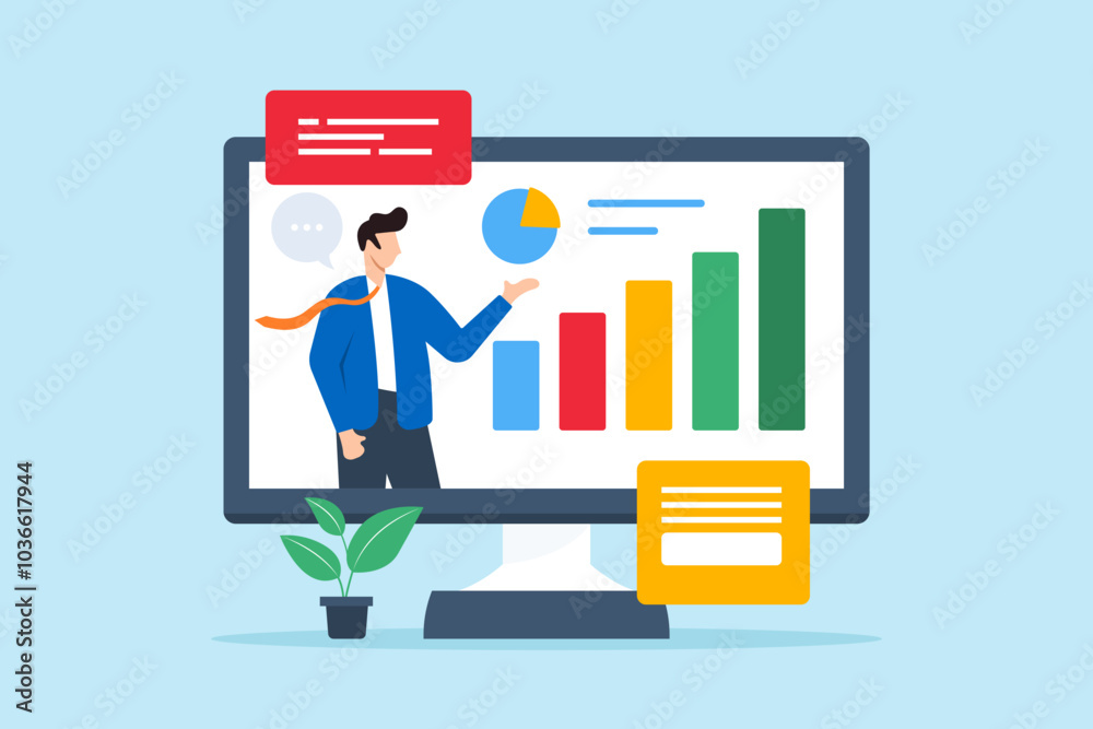 Flat illustration of businessman presents data on computer screen during online presentation webinar discussing financial expertise Flat illustration of businessman presents data on computer screen during online presentation webinar discussing financial expertise