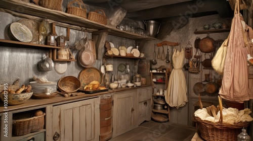 An old kitchen with rustic wood cabinets and shelves with many items like dishes, pots, and baskets.