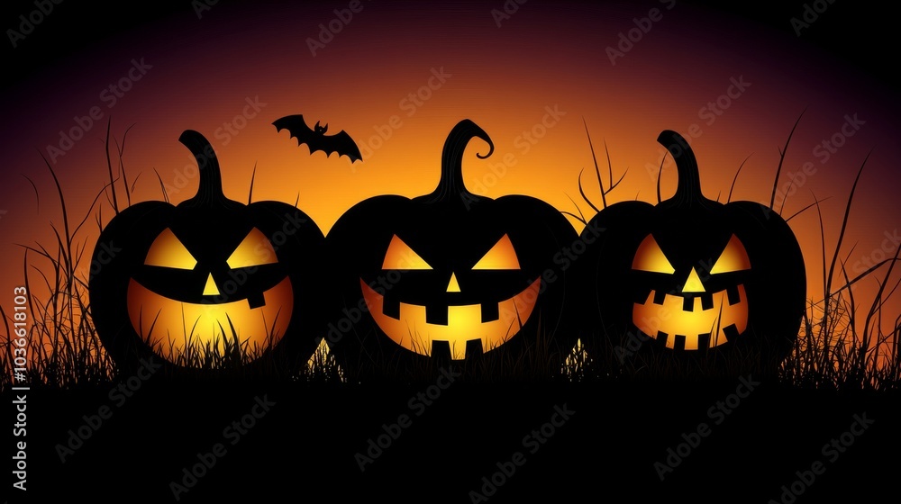 Three pumpkins with a bat flying over them Three pumpkins with a bat flying over them