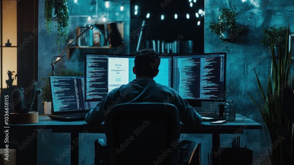Programmer with triple monitor setup in blue-lit room Programmer with triple monitor setup in blue-lit room