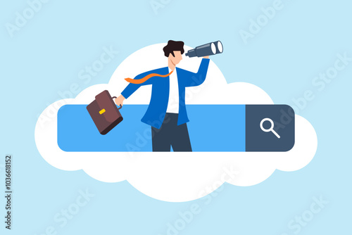 Flat illustration of businessman looks with spyglass binoculars on search bar searching for new job opportunities