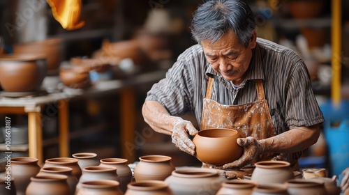 An artisan molding traditional Thai pottery in a culturally significant workshop. photo