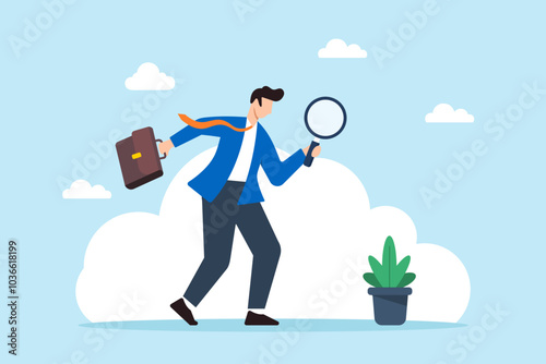 Flat illustration of businessman uses magnifying glass to search for job vacancies finding resources for career development