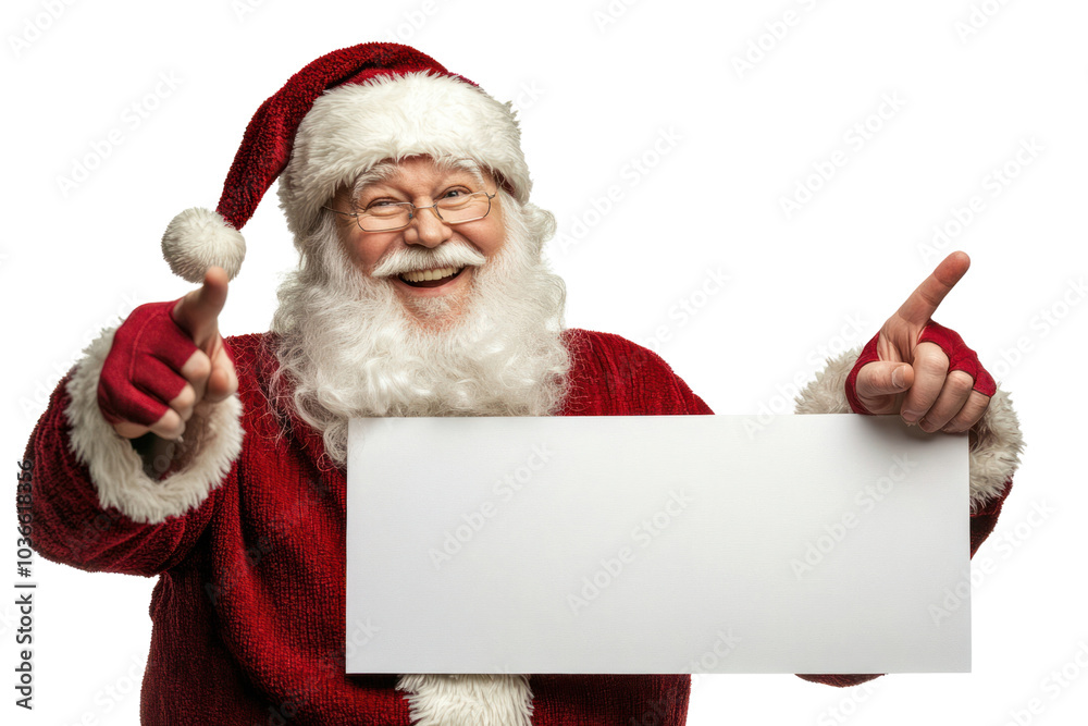 Santa Claus joyfully pointing to a big blank sign with one hand, offering space for personalized Christmas advertisements or festive announcements Santa Claus joyfully pointing to a big blank sign with one hand, offering space for personalized Christmas advertisements or festive announcements