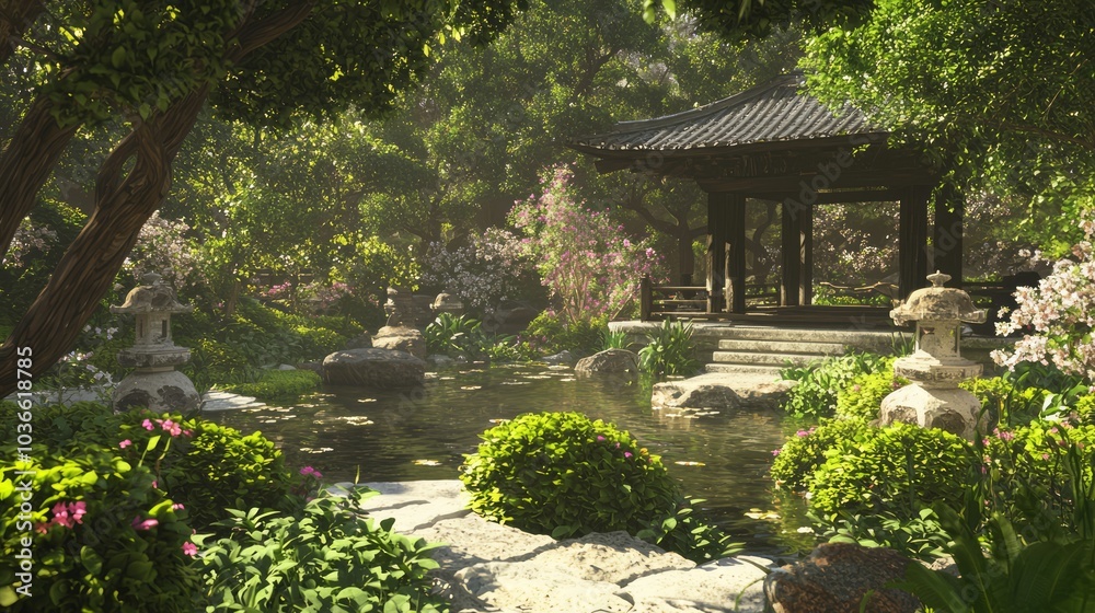 Tranquil Japanese Garden Oasis - Serene Landscape of Koi Ponds, Stone Lanterns, and Wooden Gazebo Surrounded by Blooms and Greenery in Ancient Japan Tranquil Japanese Garden Oasis - Serene Landscape of Koi Ponds, Stone Lanterns, and Wooden Gazebo Surrounded by Blooms and Greenery in Ancient Japan
