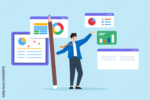 Flat illustration of smart businessman holds pencil while managing multiple project dashboards for development plan strategy