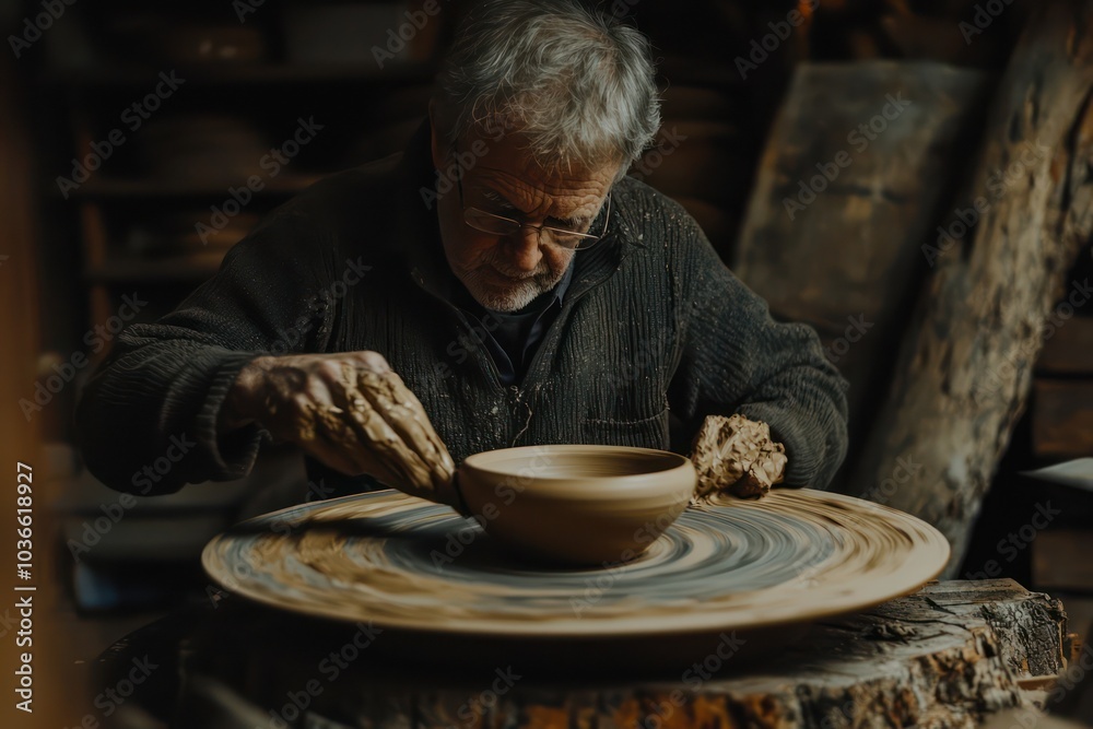 An artisan using a timber-based wheel, capturing the integration of wood and clay in pottery. An artisan using a timber-based wheel, capturing the integration of wood and clay in pottery.