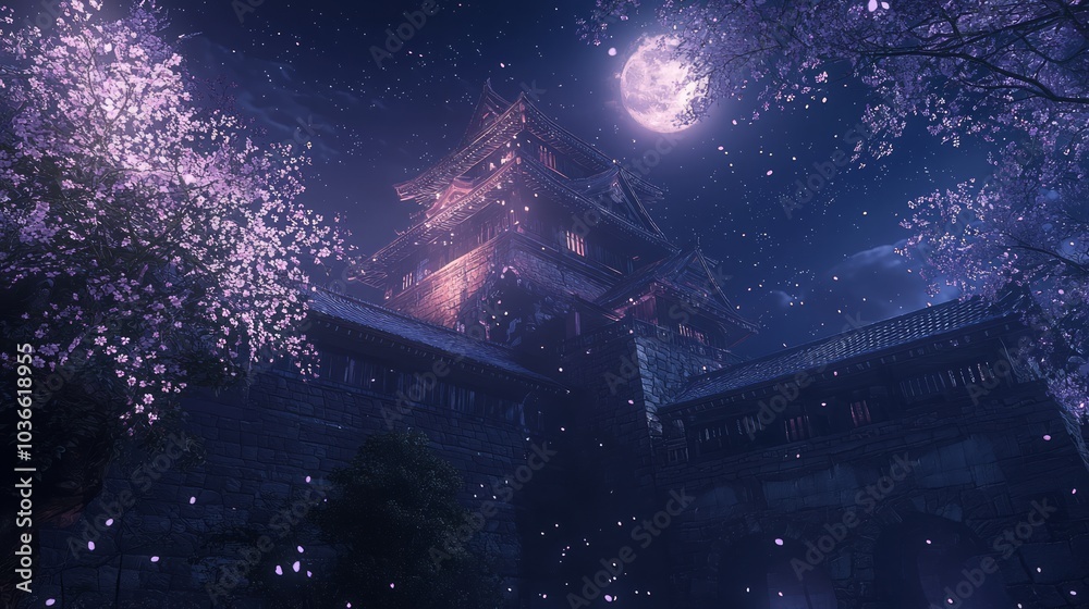 Moonlit Medieval Castle: Ancient Japan Landscape with Cherry Blossoms and Starry Sky Moonlit Medieval Castle: Ancient Japan Landscape with Cherry Blossoms and Starry Sky
