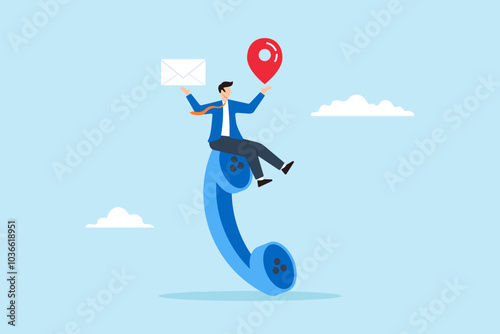 Flat illustration of businessman on telephone holds email and location pin communicating business information to clients