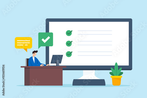 Flat illustration of man finishes online questionnaire on computer completing survey for customer feedback