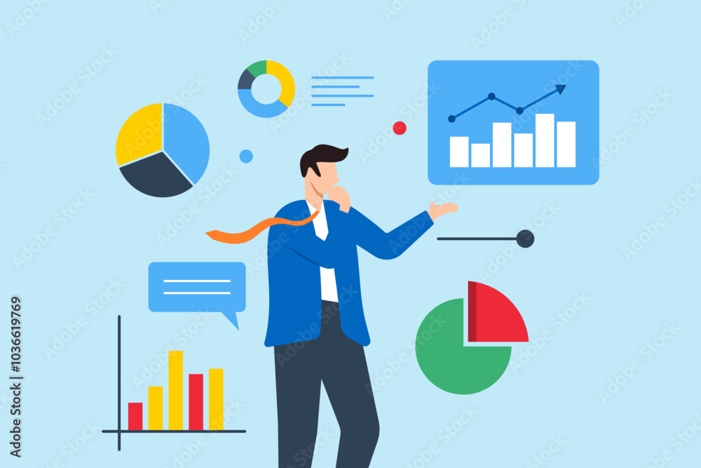 Flat illustration of businessman thinks with data charts and graphs analyzing financial data for growth and investment Flat illustration of businessman thinks with data charts and graphs analyzing financial data for growth and investment