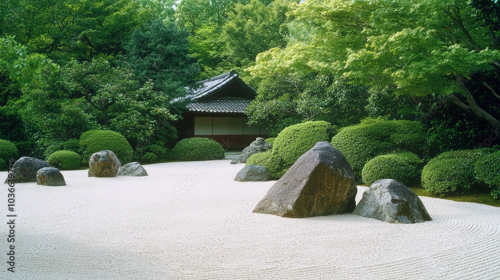 Fototapeta premium Serene Zen Rock Garden at an Ancient Japanese Tea House in a Medieval Landscape