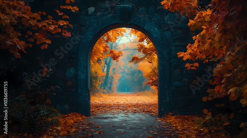 An autumn nature background with colorful leaves in a vintage color open door