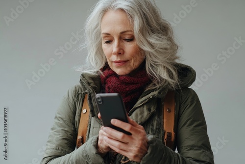 Mature woman using a smartphone in a studio, Generative AI