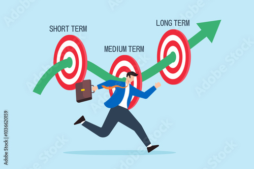 Flat illustration of businessman runs towards short medium and long term goals aiming for success and achievement