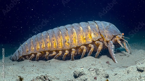 A large, segmented, brown and yellow isopod crawls along the sandy ocean floor. photo