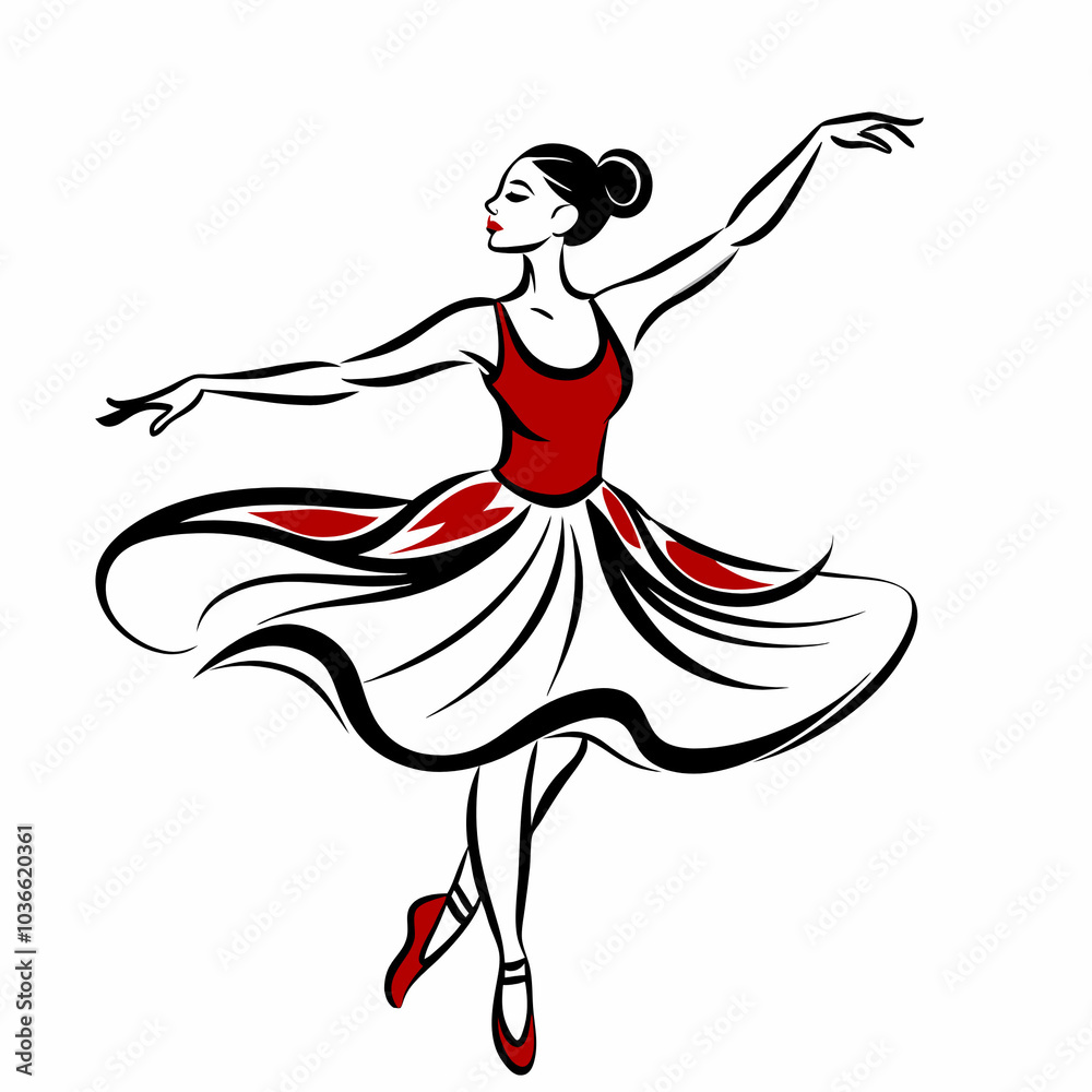 Ballet dancer performing gracefully in a red and white tutu on a white background Ballet dancer performing gracefully in a red and white tutu on a white background
