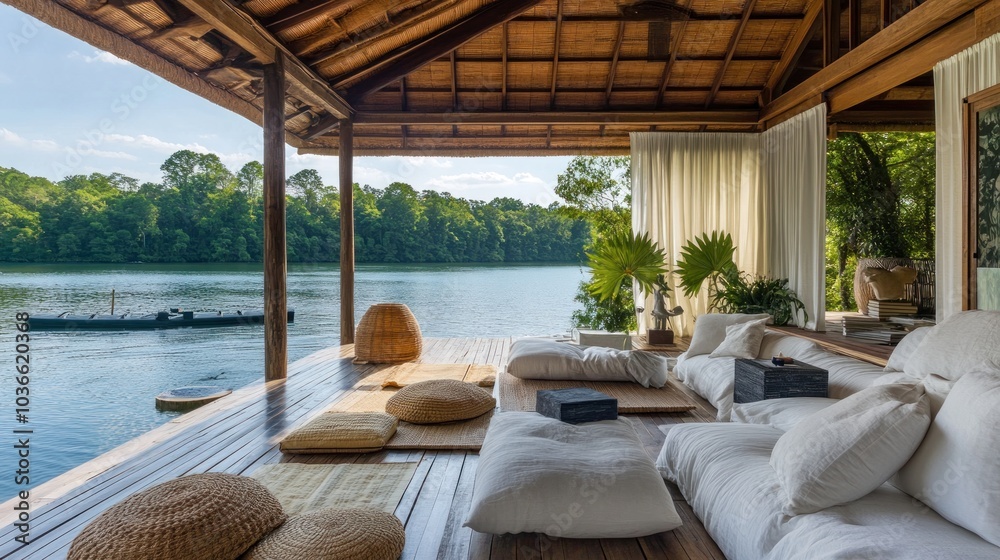 A relaxing living area with white cushions and a view of a lake and lush green trees. A relaxing living area with white cushions and a view of a lake and lush green trees.