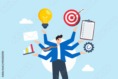 Flat illustration of smart businessman with multiple hands manages project while implementing strategic plan for development