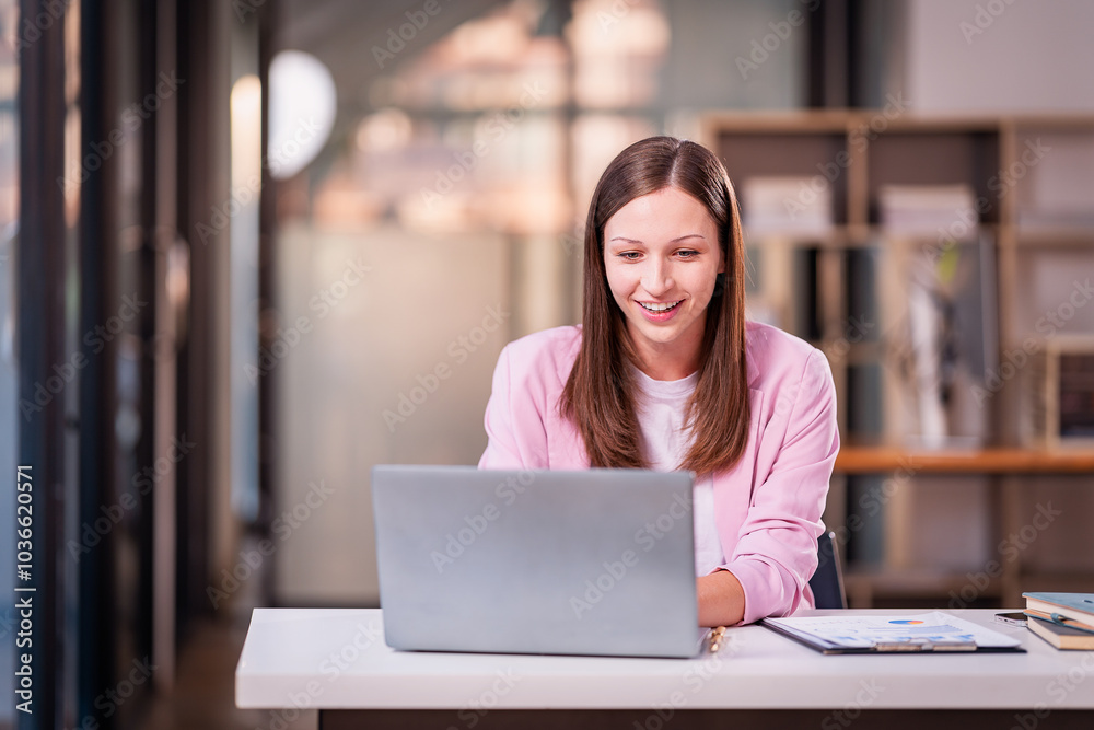 Fototapeta premium Beautiful professional woman sitting at table smiling while reading important documents with financial graphs and accounting of company.