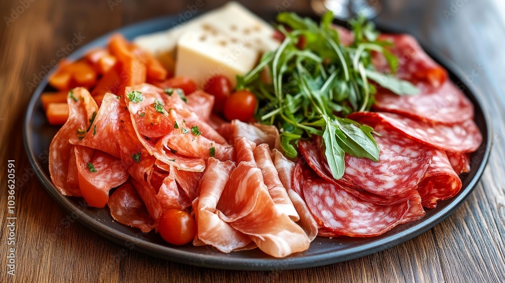 Gourmet Charcuterie Board with Prosciutto, Salami, Cheese and Fresh Vegetables, Food Background Gourmet Charcuterie Board with Prosciutto, Salami, Cheese and Fresh Vegetables, Food Background