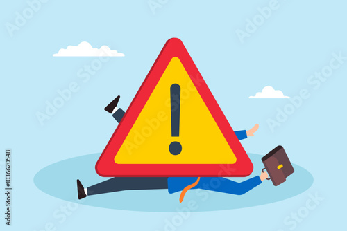 Flat illustration of frustrated businessman falls under attention sign symbolizing caution against risks and mistakes