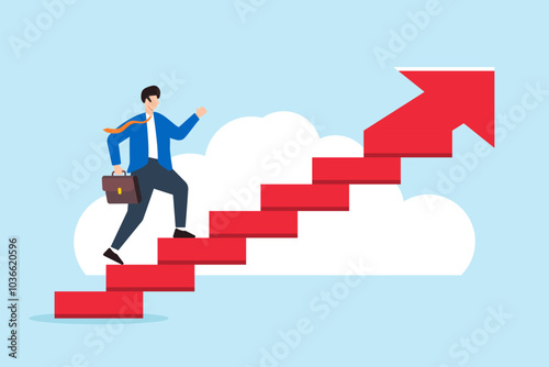 Flat illustration of businessman walks up arrow stairs symbolizing steps to success and career growth