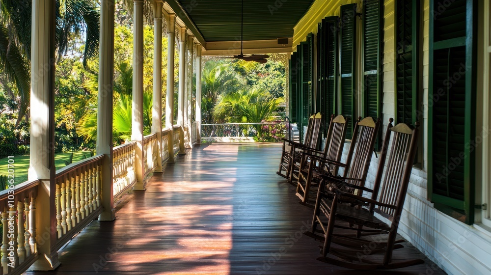 Fototapeta premium A sunny porch with rocking chairs and a view of lush green foliage through large windows.