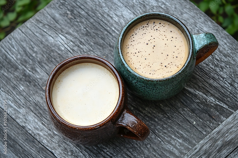 Pair of Handcrafted Pottery Mugs Containing Frothy Golden Coffee on Weathered Wood Pair of Handcrafted Pottery Mugs Containing Frothy Golden Coffee on Weathered Wood