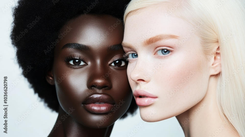 A full body zoom of two models: an African female model with black afro hair and brown eyes gazing into the camera, and a white female model with ice blonde hair and blue eyes in editorial poses. A full body zoom of two models: an African female model with black afro hair and brown eyes gazing into the camera, and a white female model with ice blonde hair and blue eyes in editorial poses.