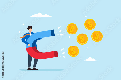 Flat illustration of businessman holds magnet to attract dollar coins representing customer acquisition costs in marketing