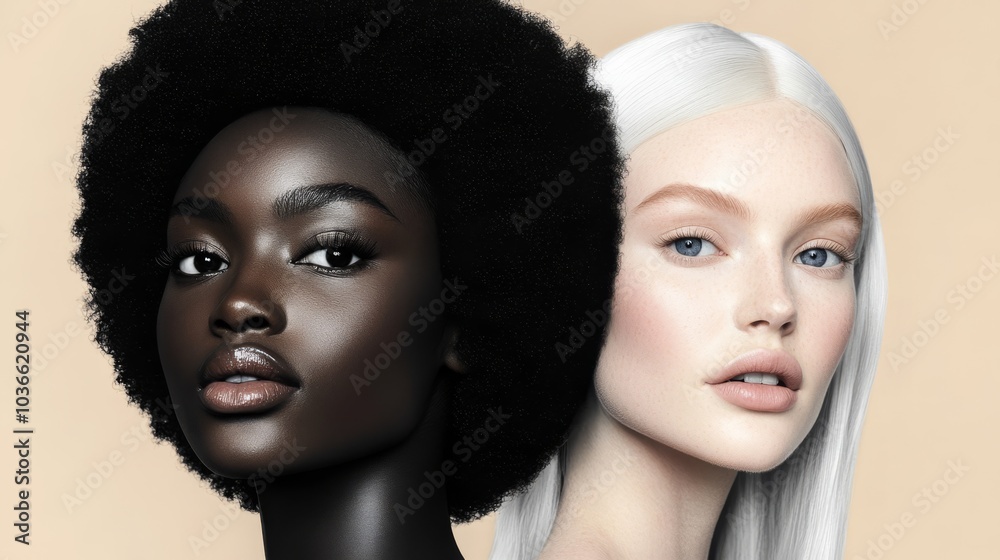 A full body zoom of two models, an African female with black afro hair and brown eyes gazing into the camera, and a white female with ice blonde hair and blue eyes in editorial poses. A full body zoom of two models, an African female with black afro hair and brown eyes gazing into the camera, and a white female with ice blonde hair and blue eyes in editorial poses.