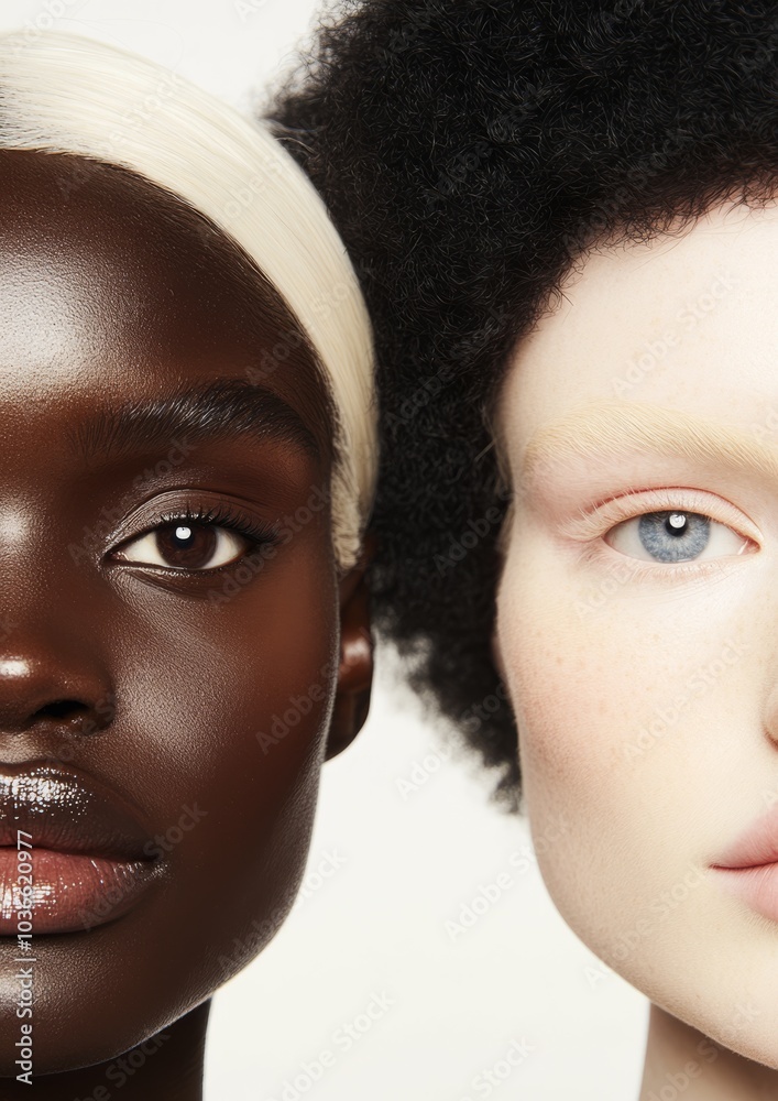 A full body zoom of two models: an African female model with black afro hair and brown eyes gazing into the camera, and a white female model with ice blonde hair and blue eyes, in editorial poses. A full body zoom of two models: an African female model with black afro hair and brown eyes gazing into the camera, and a white female model with ice blonde hair and blue eyes, in editorial poses.