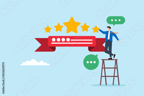 Flat illustration of customer gives five-star feedback in review representing high satisfaction and reputation