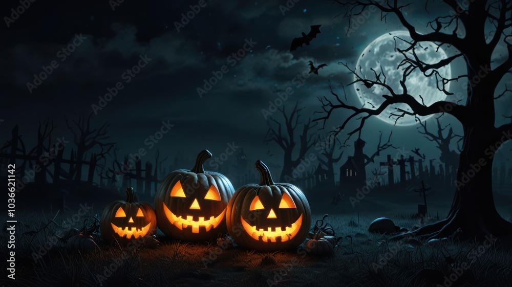 Three carved pumpkins with glowing faces sit in front of a spooky graveyard at night with a full moon in the background. Three carved pumpkins with glowing faces sit in front of a spooky graveyard at night with a full moon in the background.