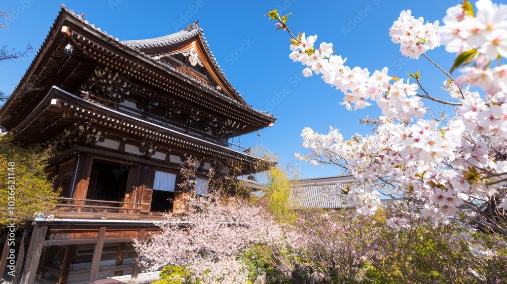 Serene Beauty of Ancient Japan: Wooden Temple Amid Cherry Blossoms Serene Beauty of Ancient Japan: Wooden Temple Amid Cherry Blossoms