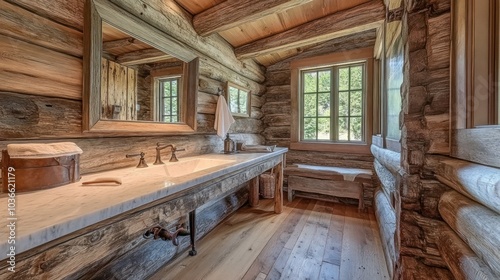 Rustic bathroom with white marble countertop and sink, wooden beams, window, and mirror.