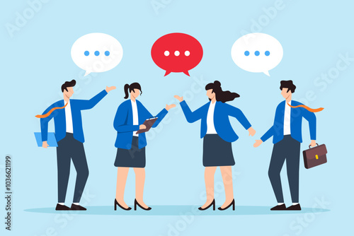 Flat illustration of business people have conversation communicating through speech bubbles during meeting