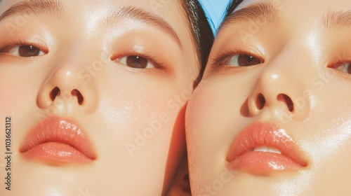 A high-resolution closeup photo of three Korean women with contrasting skin tones showcasing diverse beauty, with smooth flawless complexions and subtle makeup that enhances their natural features. photo