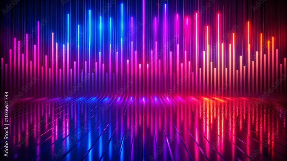 Background of an empty show scene. Ultraviolet abstract background. Geometric Neon Shapes, Equalizer. equalizer chart in ultraviolet spectrum. Background of an empty show scene. Ultraviolet abstract background. Geometric Neon Shapes, Equalizer. equalizer chart in ultraviolet spectrum.