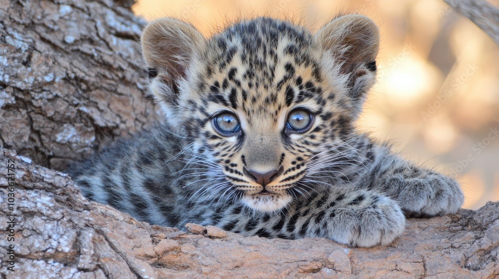 Fototapeta premium Adorable Leopard Cub Relaxing on a Tree Branch in its Natural Habitat