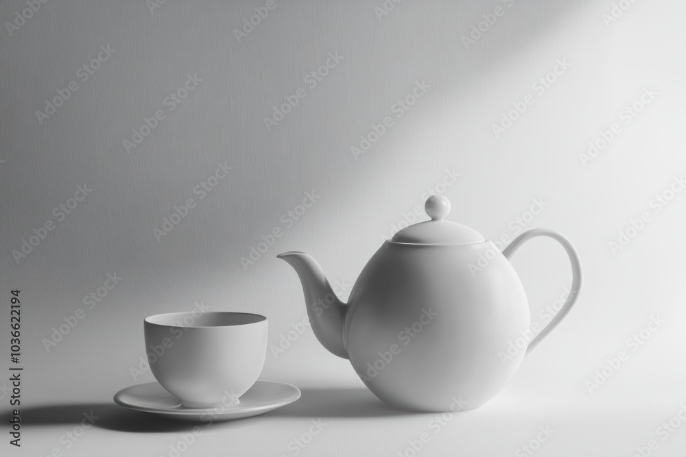 A white tea kettle and matching cup are arranged together, illuminated by soft light, showcasing their simplicity and elegance. Generative AI A white tea kettle and matching cup are arranged together, illuminated by soft light, showcasing their simplicity and elegance. Generative AI