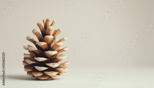 A single pine cone isolated on a white and grey background, highlighting its natural texture and detailed patterns with intricate craftsmanship
