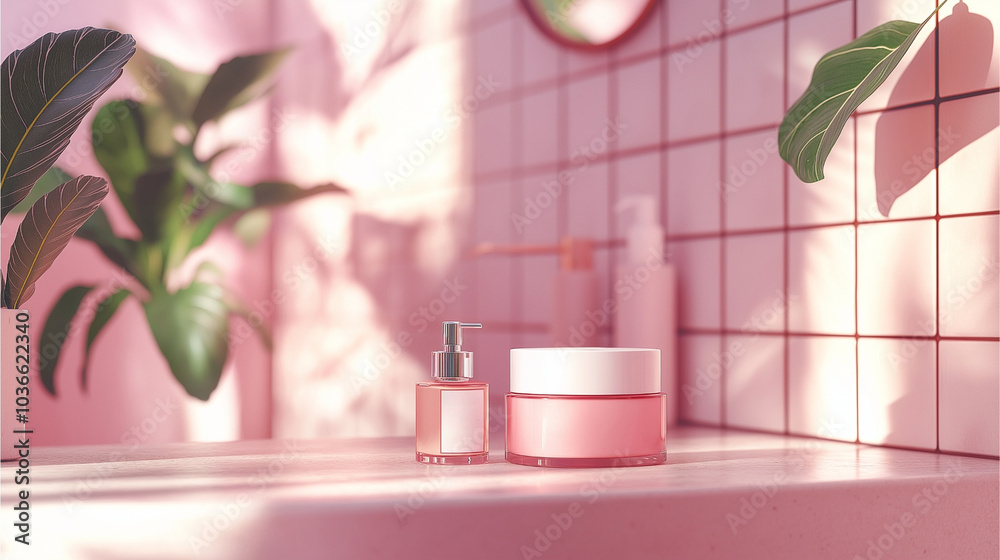 Fototapeta premium Soft pink bathroom with natural light highlights minimalist skincare setup, featuring pump bottle and cream jar. Lush green plants add refreshing touch to serene space