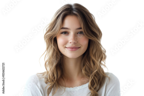 Confident young woman with wavy hair, casually dressed, facing the camera with a happy and welcoming expression.