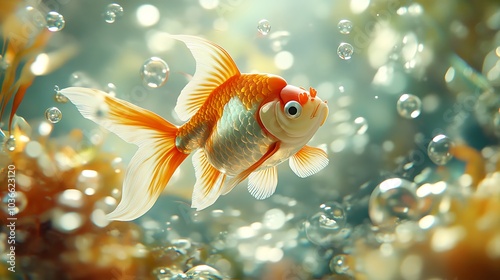 A stunning 3D render of an Oranda goldfish exploring its aquarium home with bubbles and soft light enhancing the aquatic ambiance