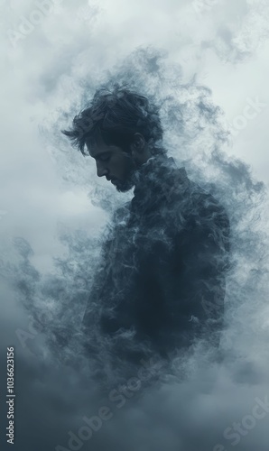 Man silhouette in swirling clouds.