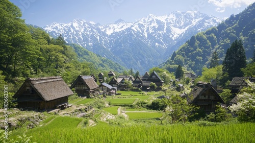 Obraz na płótnie Serene Ancient Japanese Village in Snow-Capped Mountains | Ultra-Detailed Landscape Photography of Traditional Wooden Houses and Terraced Rice Fields w salonie
