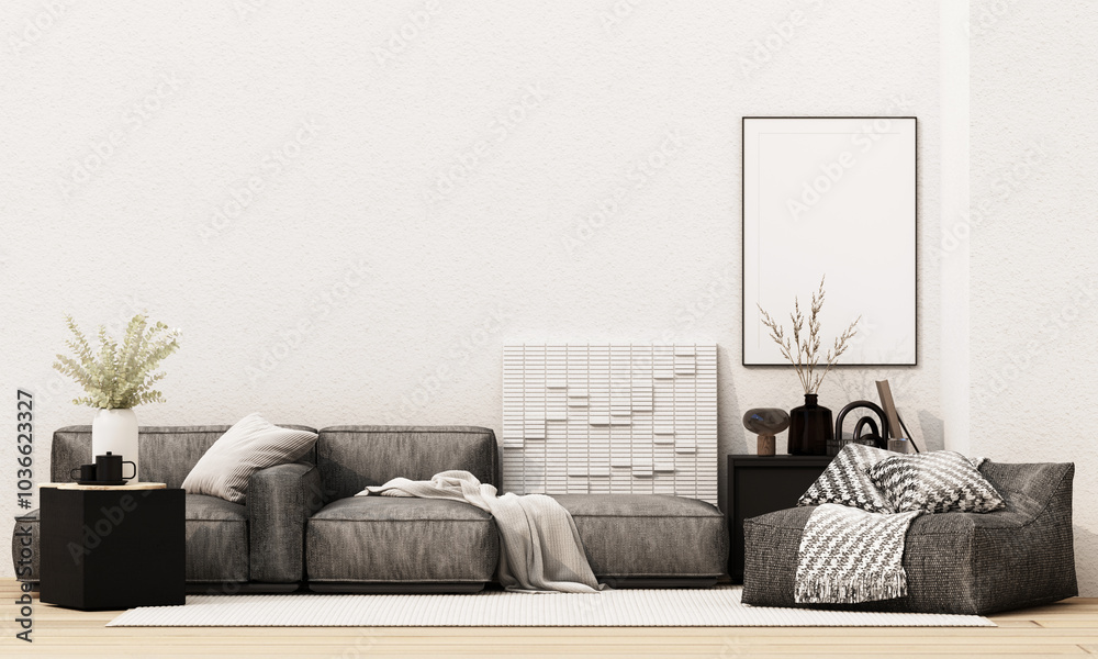 A cozy living room featuring a dark gray sectional sofa, a bean bag, and minimal decor in neutral tones. The space is complemented by abstract artwork and subtle textures for a modern. 3d rendering A cozy living room featuring a dark gray sectional sofa, a bean bag, and minimal decor in neutral tones. The space is complemented by abstract artwork and subtle textures for a modern. 3d rendering