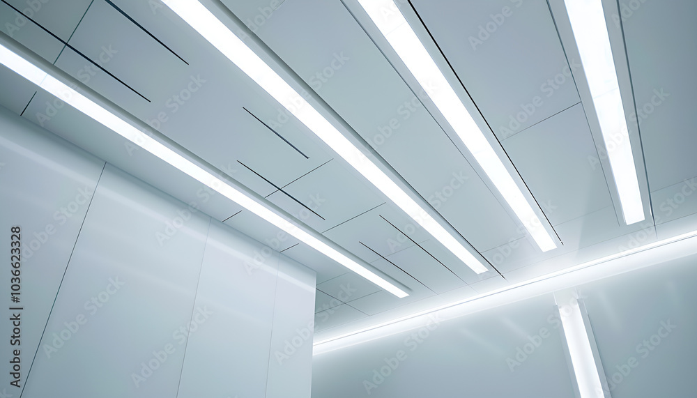 White ceiling with modern lighting in room, low angle view White ceiling with modern lighting in room, low angle view